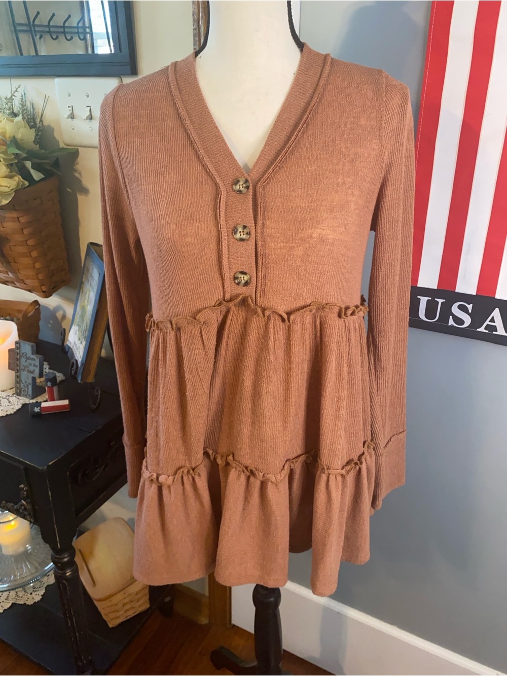 Rust Brown Tiered V-Neck Tunic with Buttons